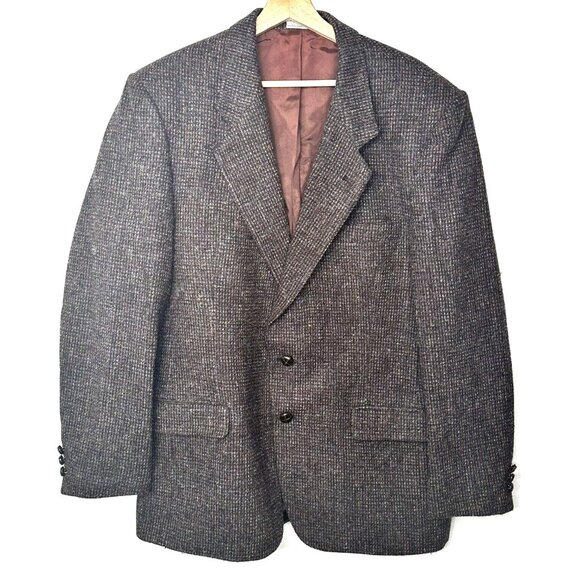 Vintage Harris Tweed Wool Blazer Mens Sport Coat Two Button Jacket Brown 42 T - Picture 1 of 16